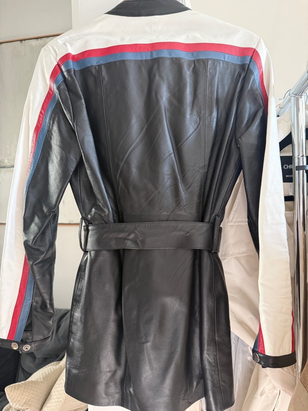 Newport News vintage Leather Belted Moto Jacket  White, Red & Blue Stripes - Picture 5 of 6